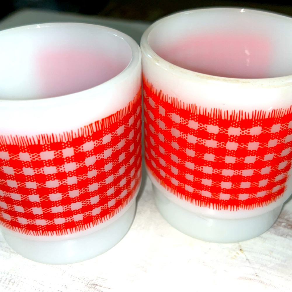 Anchor Hocking Fire King Stackable Coffee Tea Mugs Gingham Plaid Set of Two